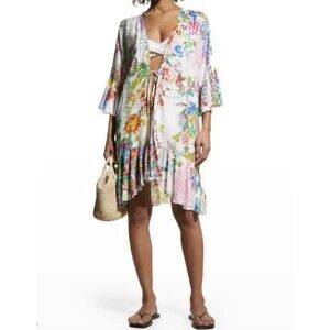 Johnny Was Norah Ruffled Kimono Floral Silk Blend Cover-Up Tie Front Sz Small